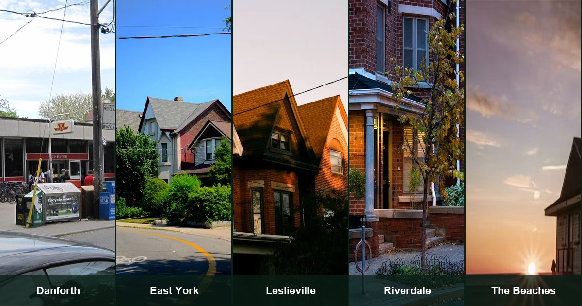 Comparison collage of five East Toronto neighbourhoods for investors: Danforth, East York, Leslieville, Riverdale, and The Beaches