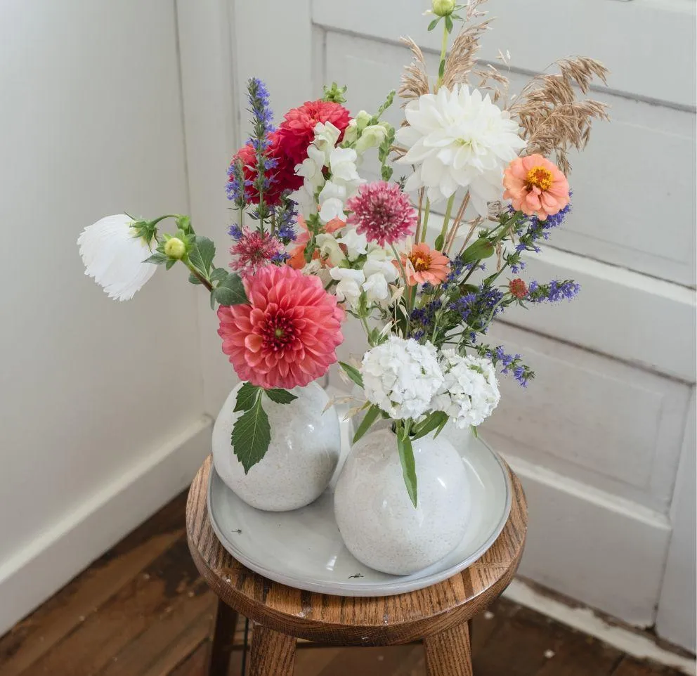 A trio of cut flowers in white bud vase to go along with a testimonial about Paula's wisdom on being a cut flower expert and excellent podcast speaker.