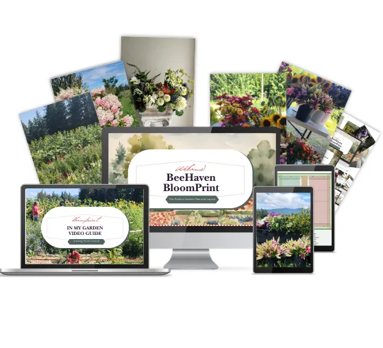 Learn Cut Flower Growing course logo with blocks of blooming gardens in front of a home.