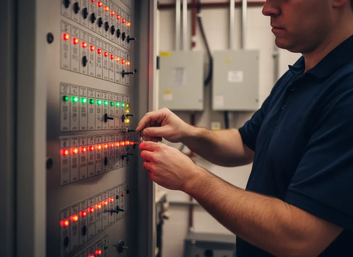Technician configuring commercial alarm panel