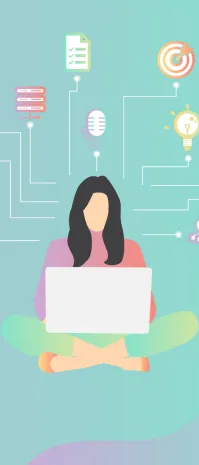 Illustration of a woman sitting cross-legged with a laptop, surrounded by icons representing technology, ideas, and goals