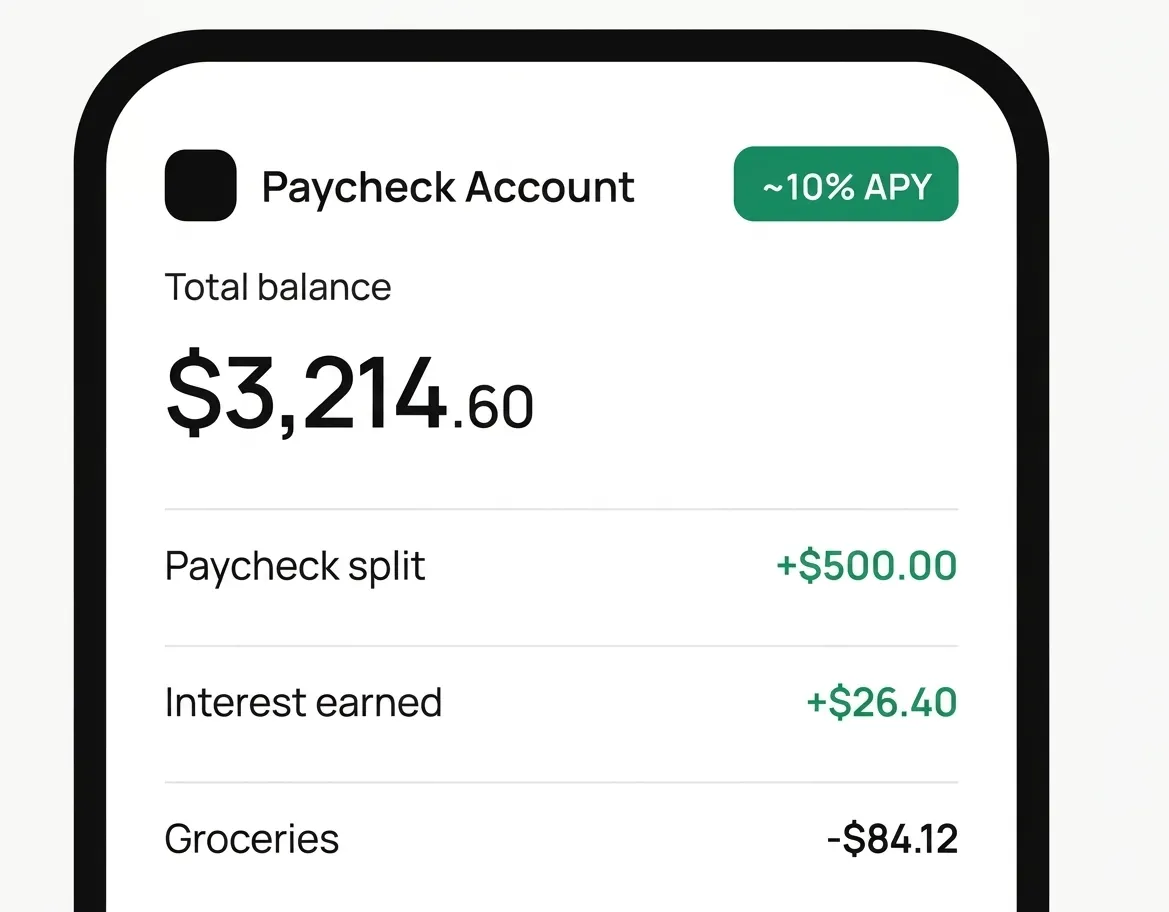 Mockup of a mobile app screen showing a 'Paycheck Account' with a balance and interest earned.
