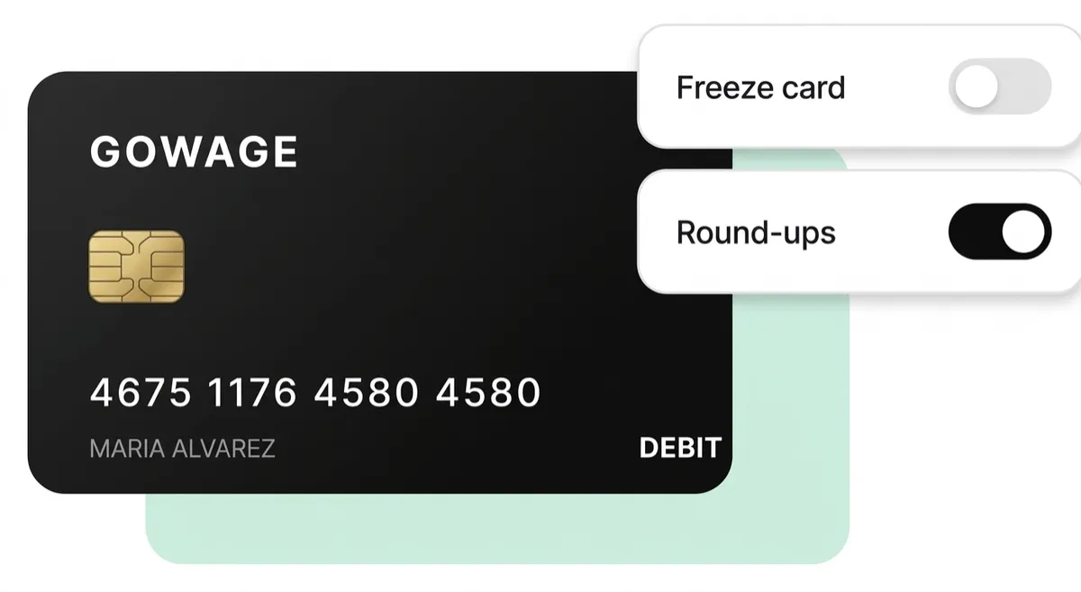 Illustration of a black GOWAGE debit card with toggle switches for 'Freeze card' and 'Round-ups'.