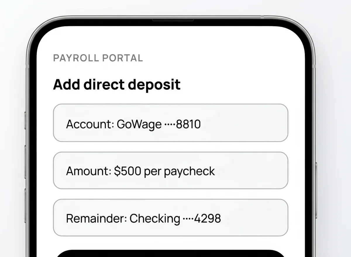 Mockup of a mobile app screen showing a 'Payroll portal' with direct deposit setup instructions.