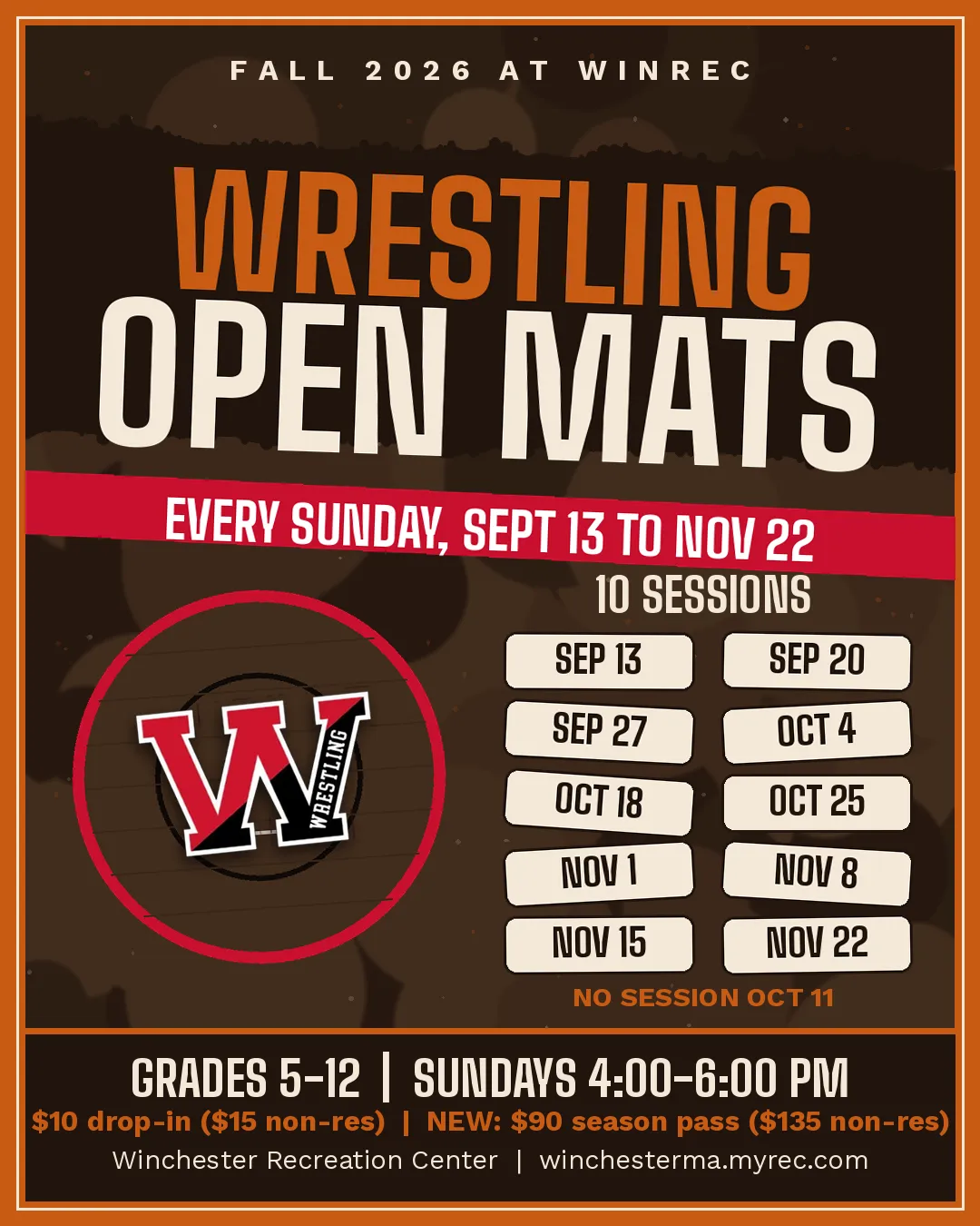 Winchester Wrestling fall Open Mats, Sundays September 13 to November 22, 4 to 6 PM, grades 5 to 12 at the Winchester Recreation Center