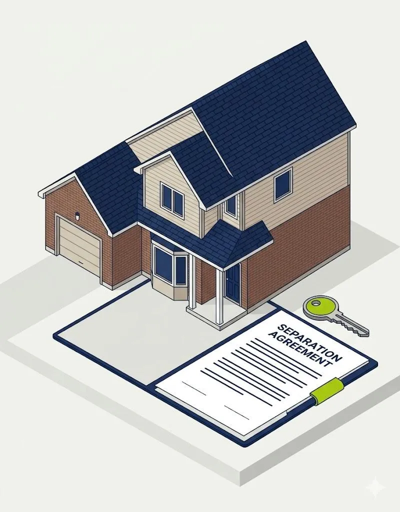 Isometric illustration of a Canadian home with a separation agreement document and house key representing mortgage options during divorce in Ontario