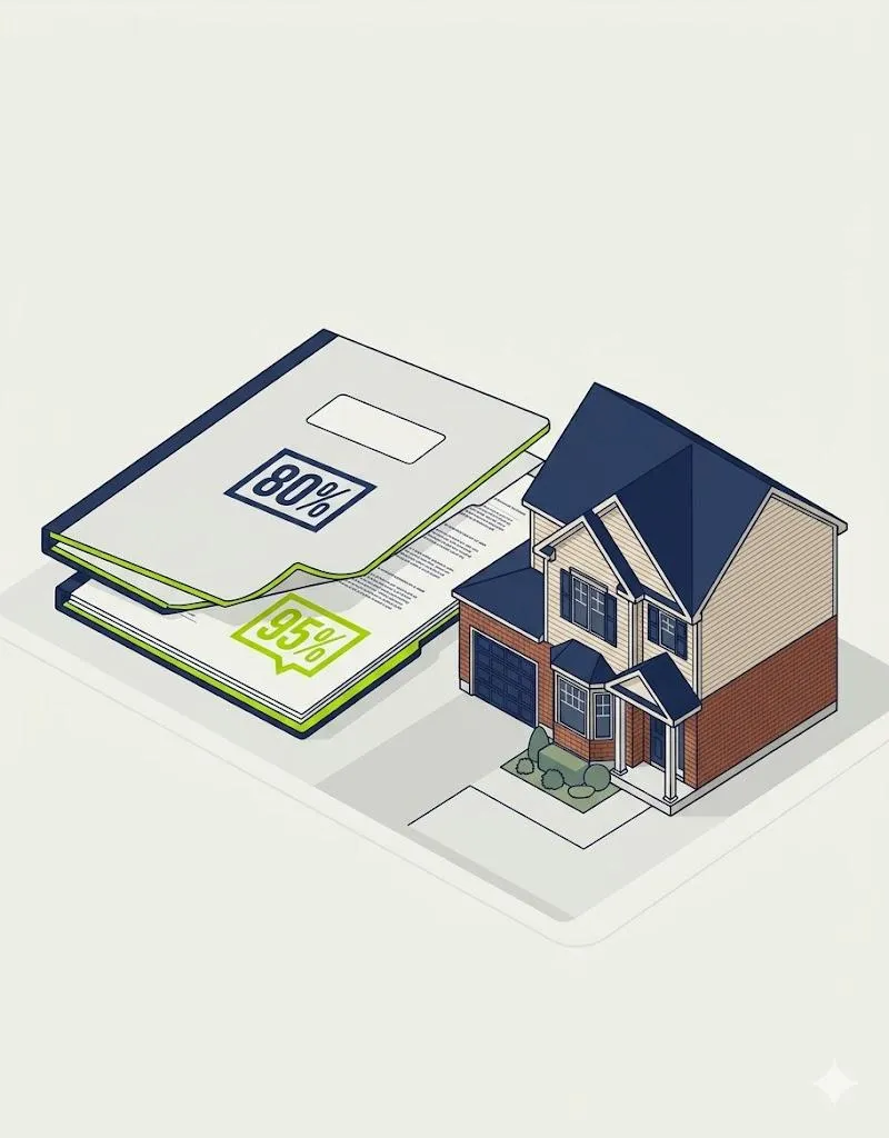 Isometric illustration showing the CMHC relationship breakdown program allowing 95% refinancing versus the standard 80% limit for separating couples in Ontario