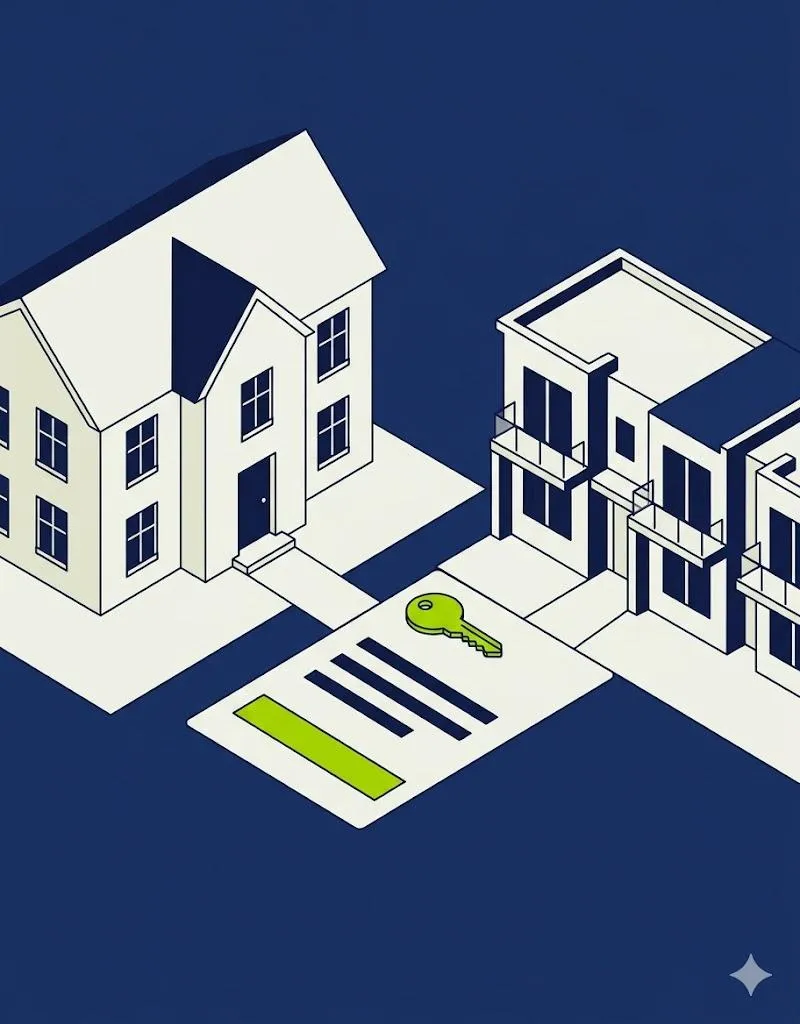 Illustration showing a family home transitioning to a condo with a net equity statement in the foreground, representing downsizing mortgage strategy in Ontario.