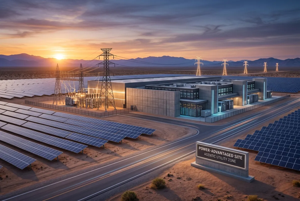A high-contrast, professional photo of a modern, sleek data center surrounded by renewable energy infrastructure
