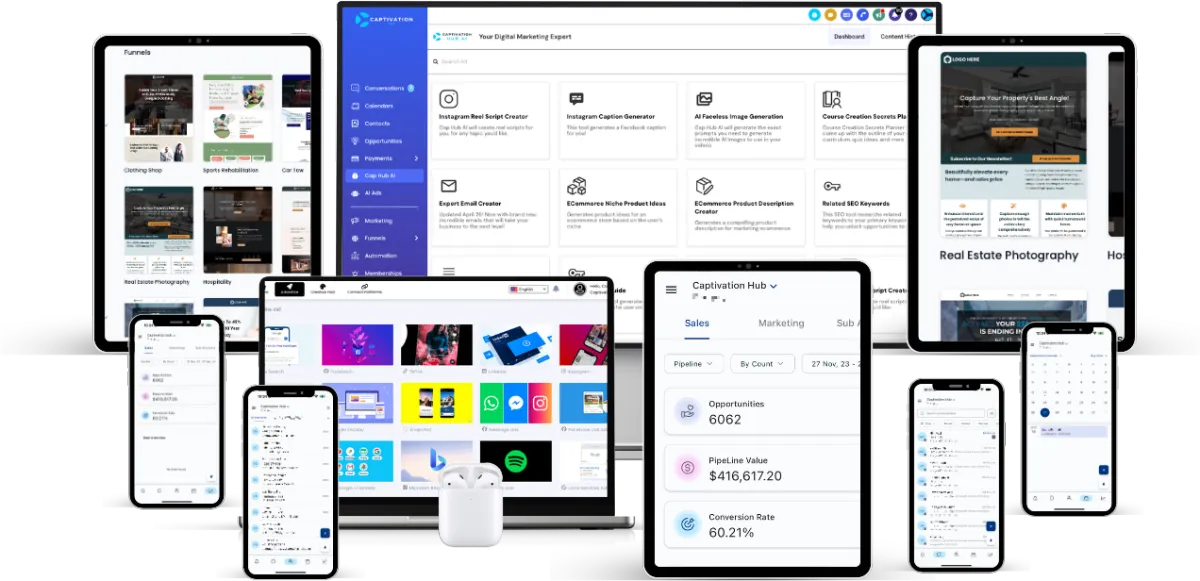 Screenshot of Captivation Hub interface, highlighting features for streamlining digital marketing and automation tasks.