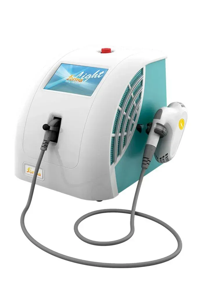 AstraPulse IPL machine, clean studio photograph, 3/4 angle showing console and handpiece, neutral background, high detail to communicate technology and clinical reliability.