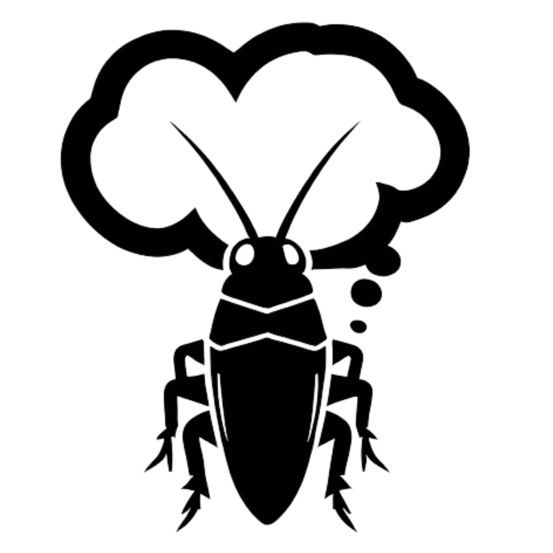 black logo of a thought bubble appearing from a cockroach