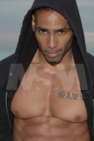 Black male stripper Genuine showcasing physique in an open hoodie