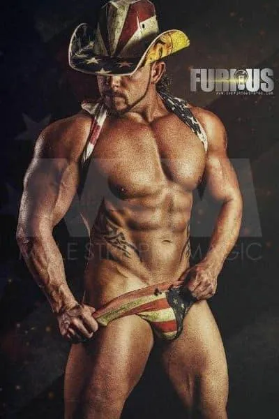 Sebastian, a male stripper, dressed in a patriotic cowboy outfit