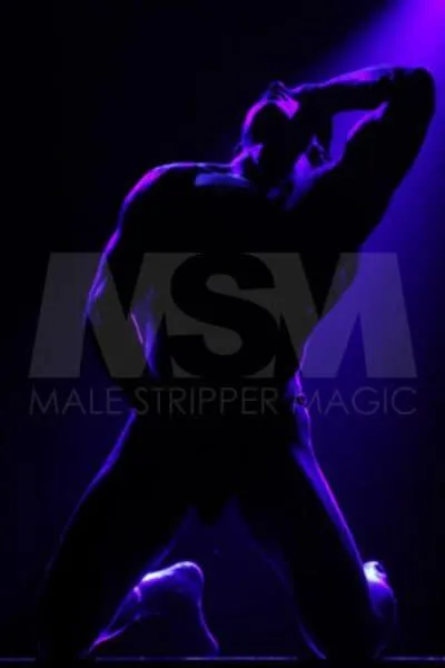 Male stripper Jay performing under dark lights