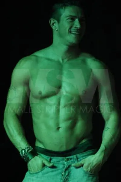 Male stripper Jay in jeans with a green hue