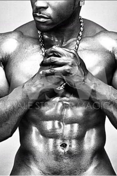 Black male stripper Onyx in monochrome, showcasing abs