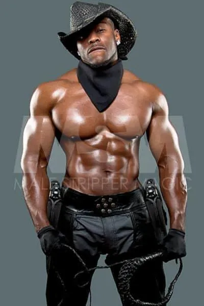 Confident black male stripper Onyx in a black cowboy hat, showing toned physique 1 of 2