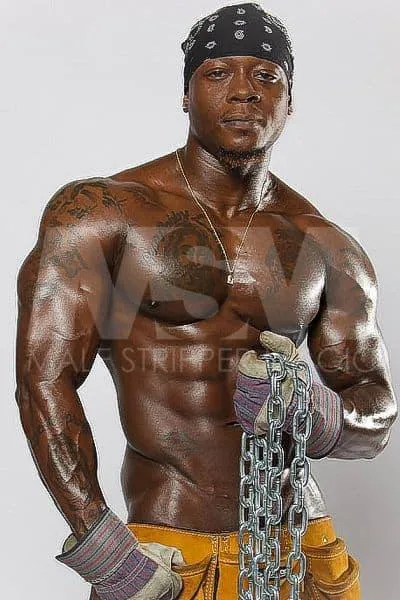 Black male stripper Incredible construction costume muscular and holding chains