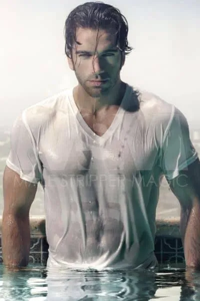  Male stripper Nick stepping out of a pool, wearing a soaked white t-shirt