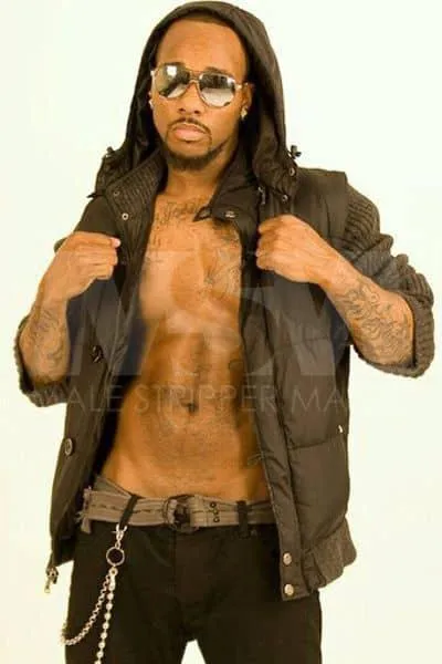 Black male stripper Pressure showing off physique in unzipped hoodie