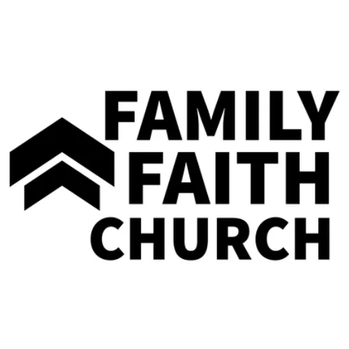 Square logo badge with two black upwards-pointing chevrons and the text 'FAMILY FAITH CHURCH' stacked in bold black sans-serif font
