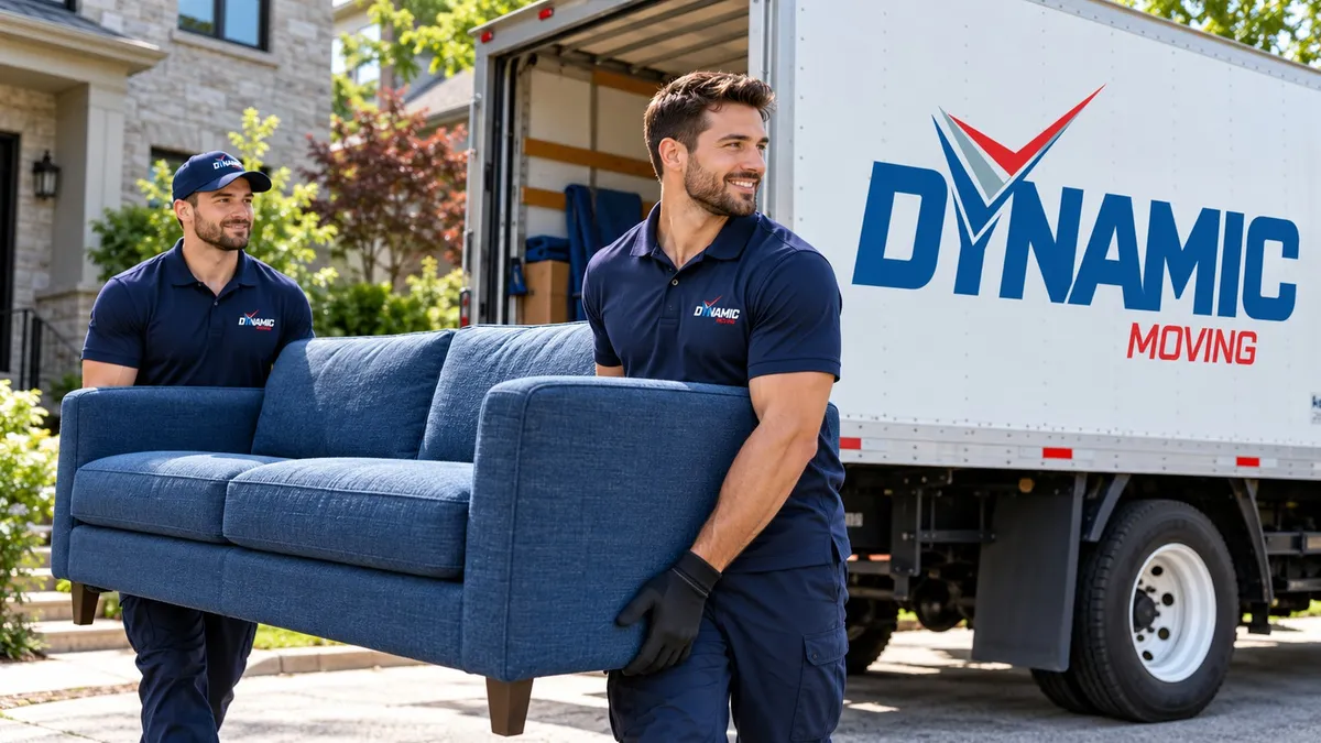 Two movers carrying a blue sofa towards a house.