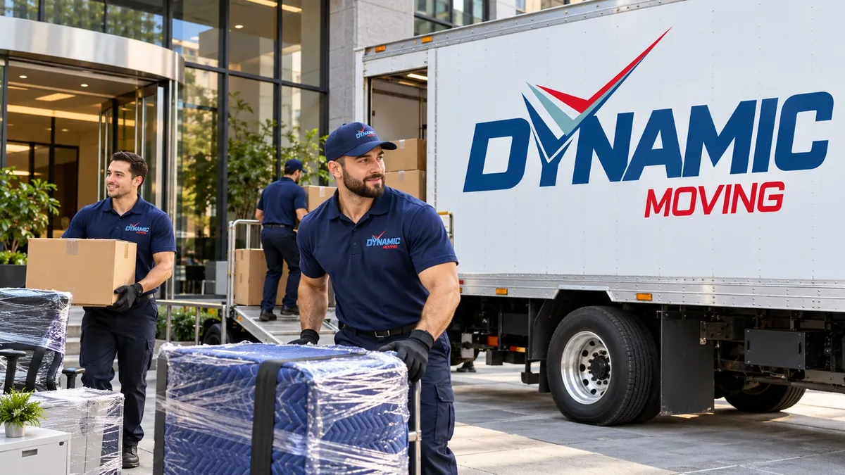 A large Dynamic moving truck parked on a street.