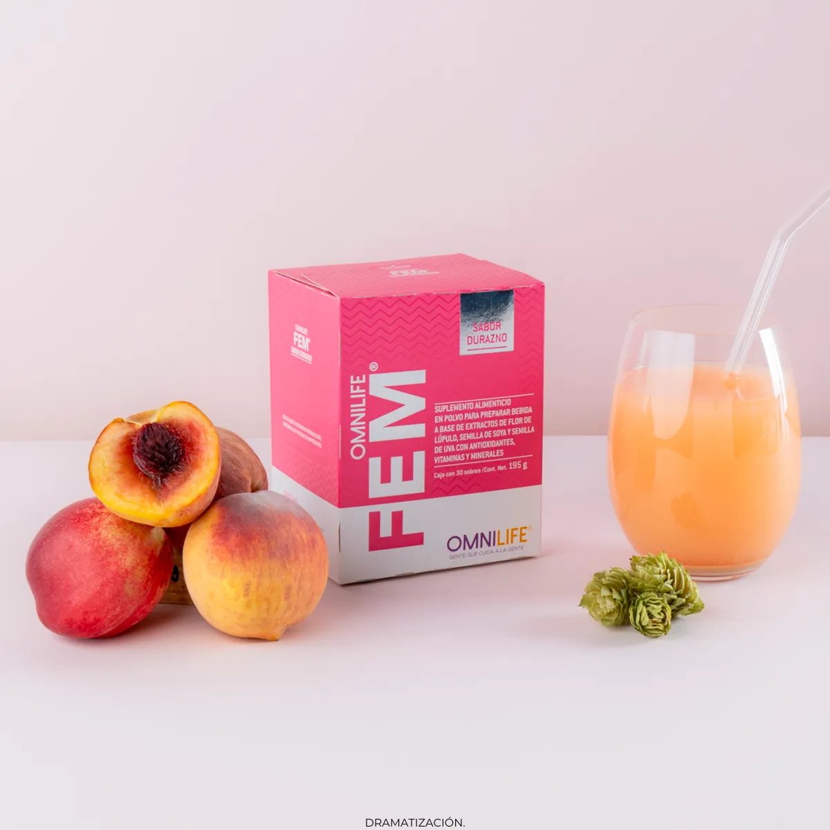 Suplemento para el bienestar femenino Fem Plus de Omnilife sabor durazno
