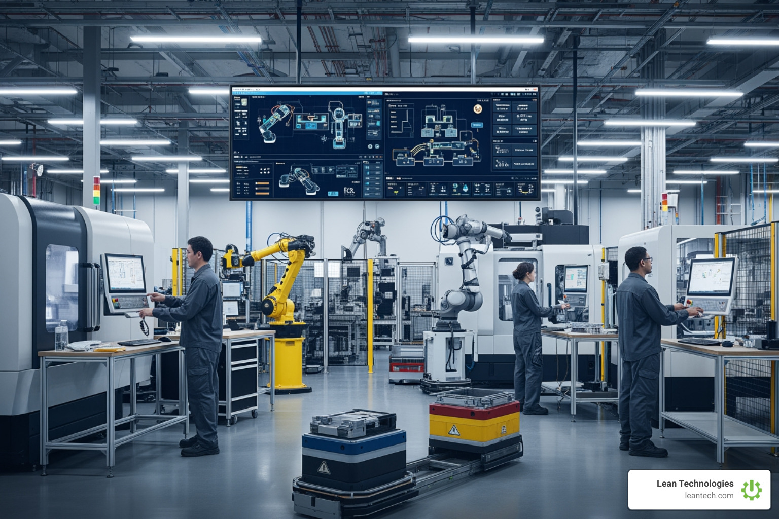 modern manufacturing shop floor with digital displays - production efficiency software