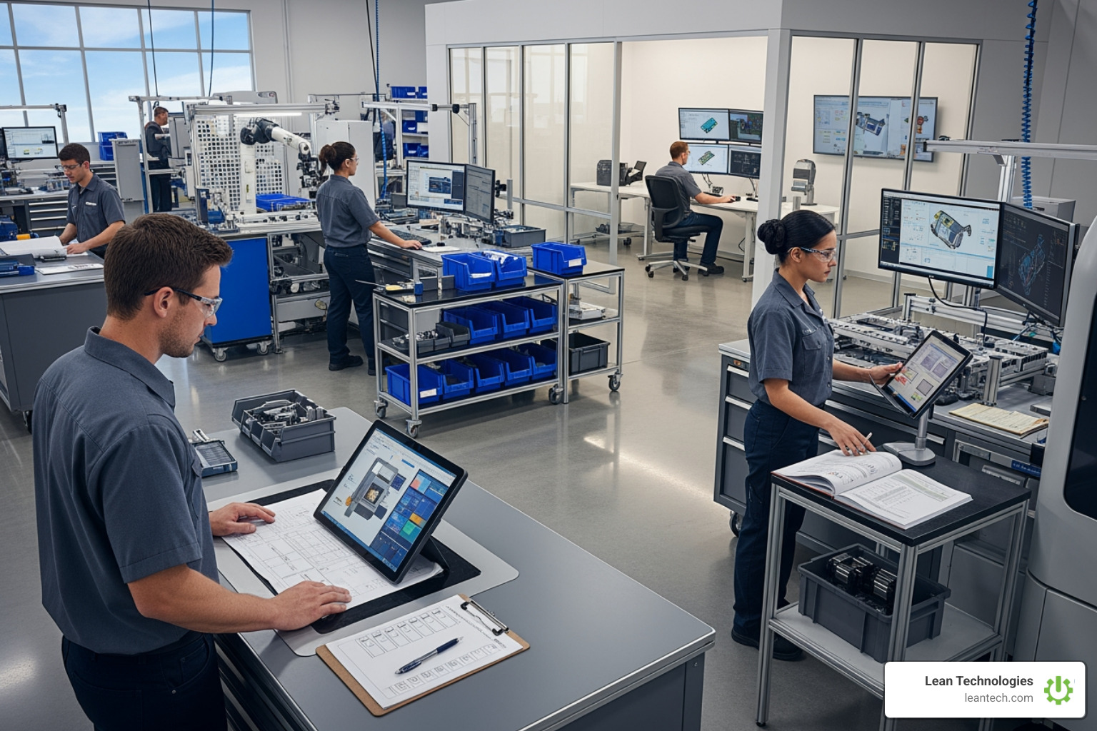 manufacturing shop floor with paper and digital workflows - continuous improvement and kaizen