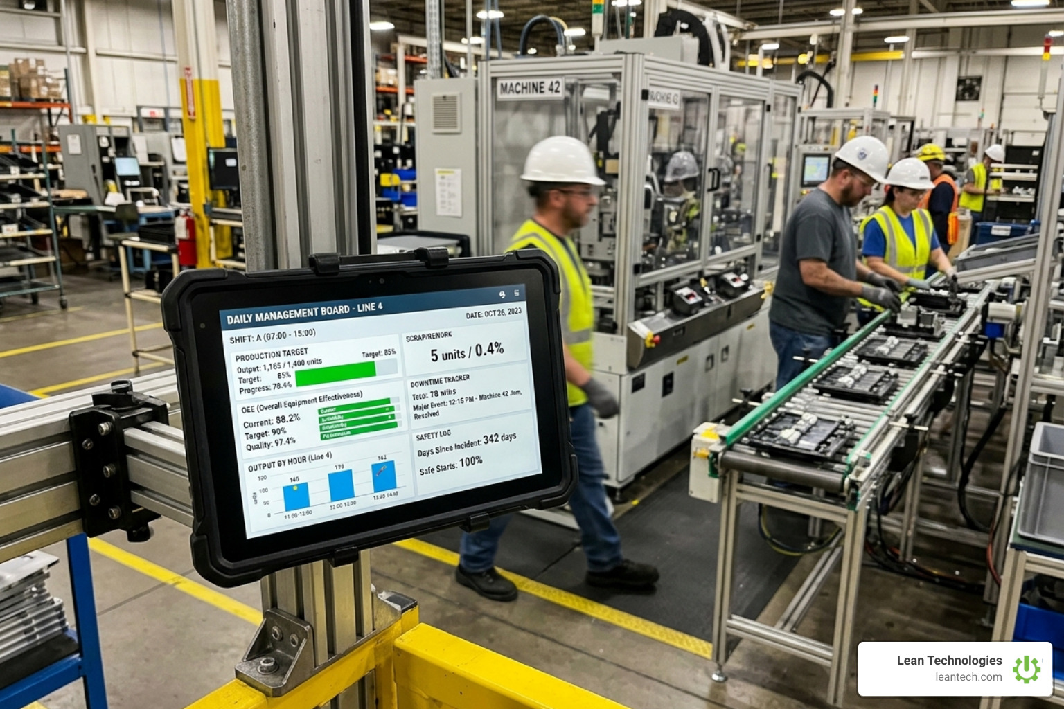 Tablet-based daily management board showing real-time KPIs on a factory floor - digital lean management