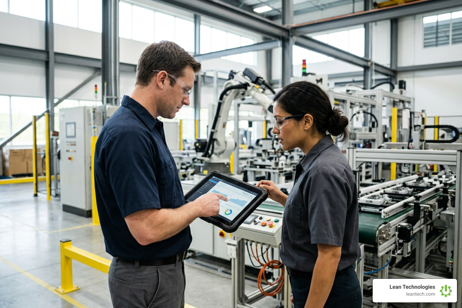 factory floor technicians analyzing operational data on a tablet