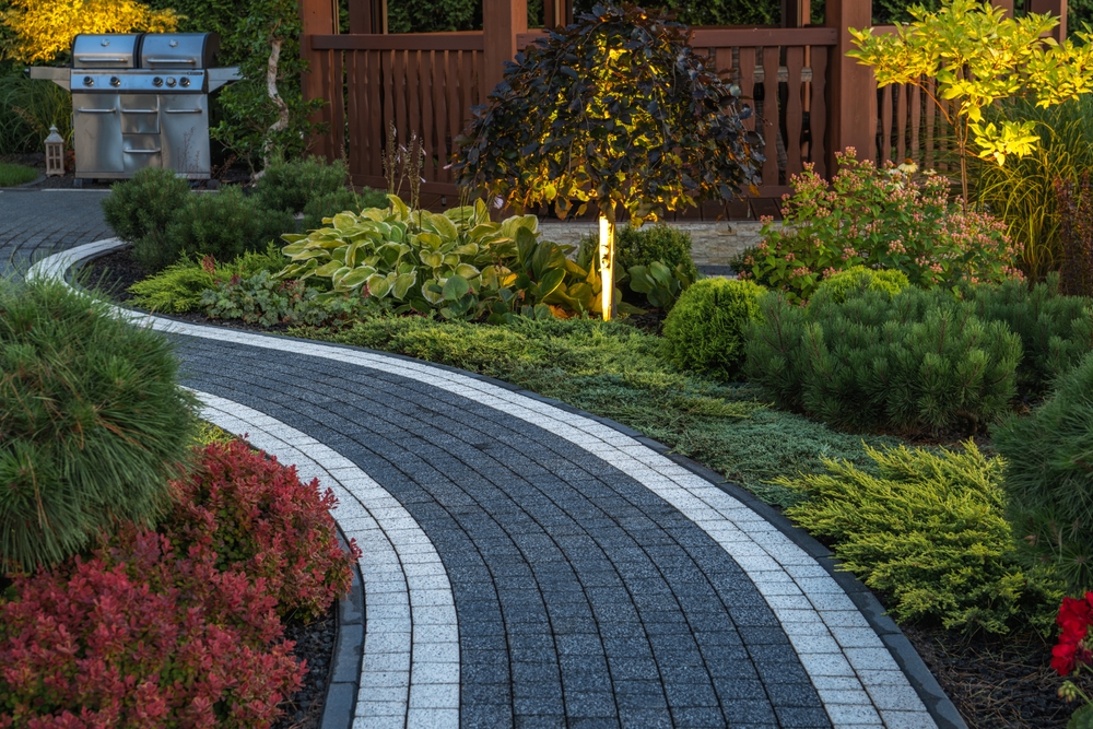 cement walkway pictured with plants and a grille in a backyard