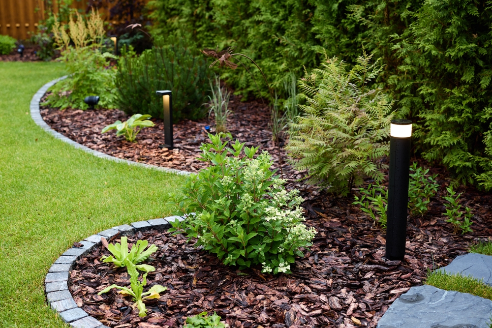 brown mulch placed with green plants on front yard