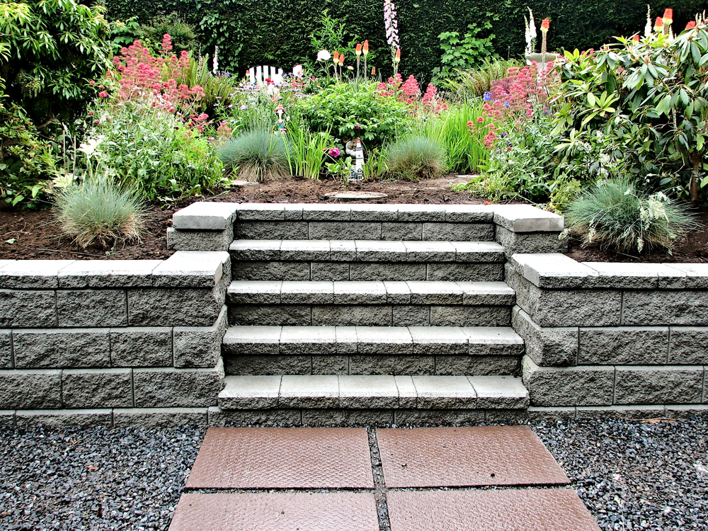 staircase exterior closeup steps gray concrete block retaining wall garden landscape hardscape