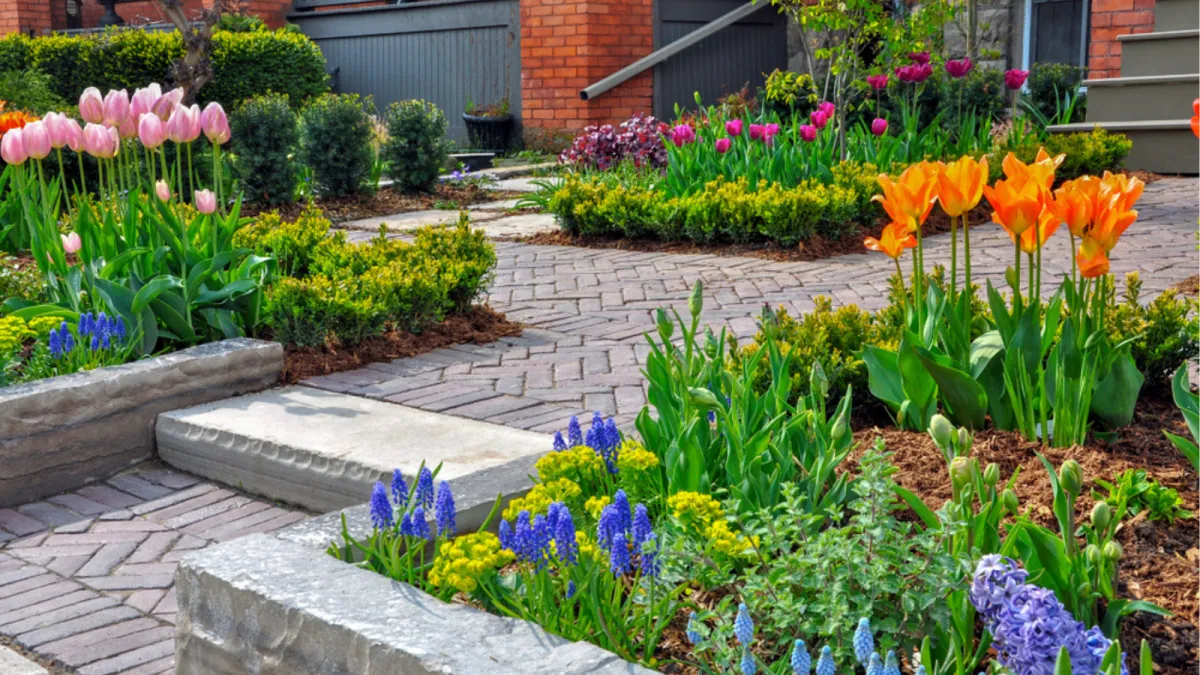 House hardscape with flourishing flowers