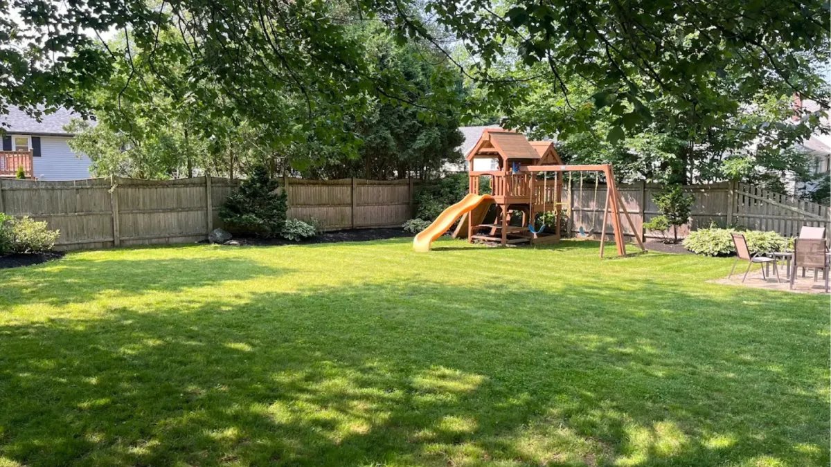 Freshly cut lawn with slide and swings