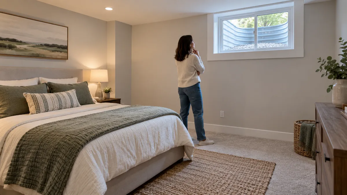 A bright finished basement bedroom with a properly sized window well and an unobstructed emergency escape window.