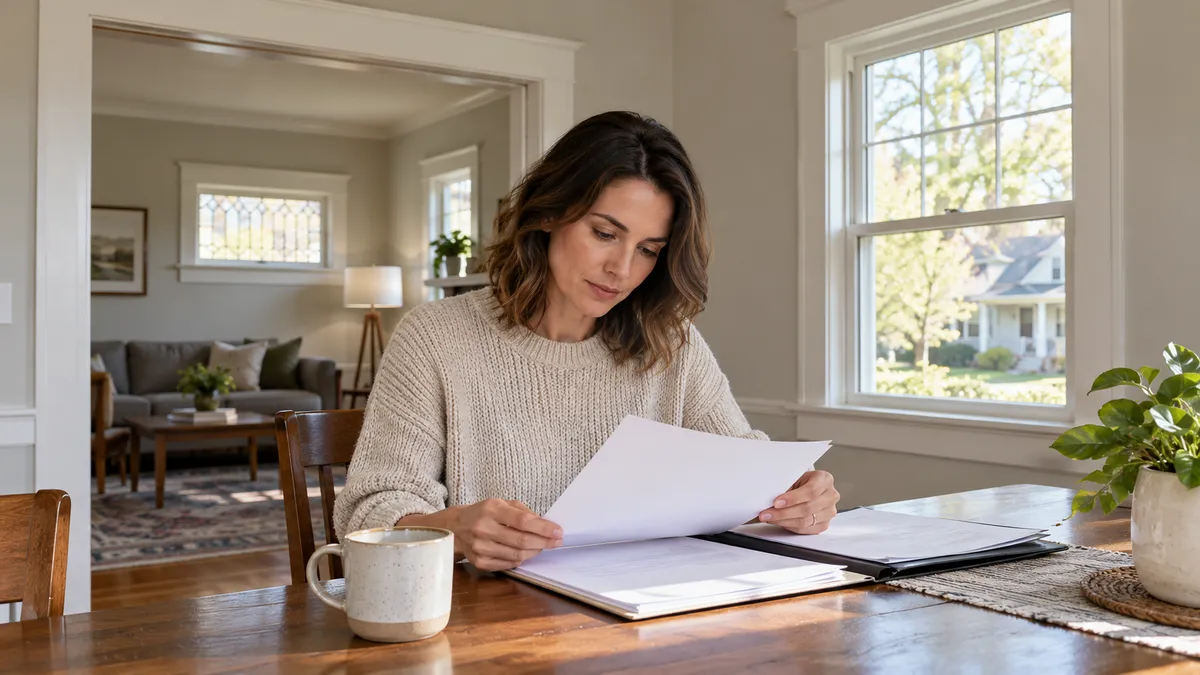 buyer reviewing a generic lead-paint disclosure packet in an older home with intact painted trim and no readable private information.