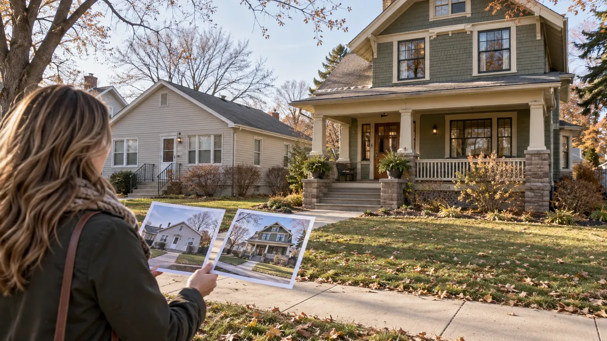 A buyer and preservation specialist examining the porch and original windows of a well-maintained historic Sioux Falls home.