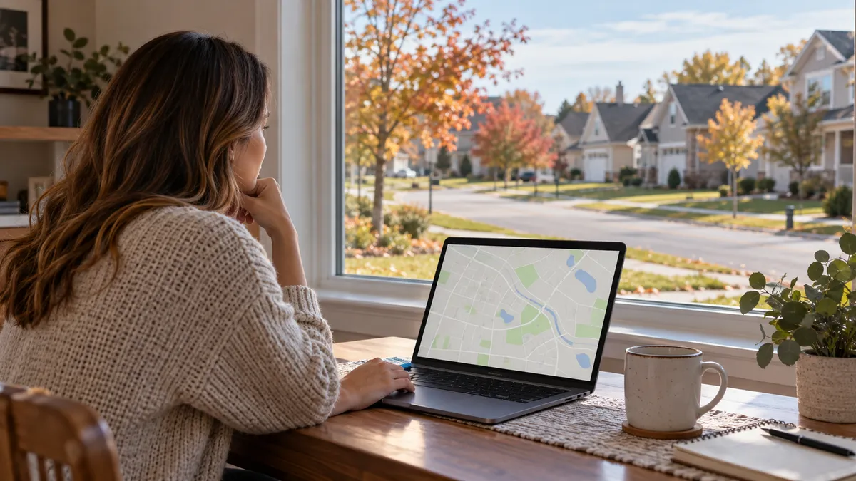 A Sioux Falls homeowner setting a neighborhood alert on a laptop while looking toward nearby homes and a vacant lot.