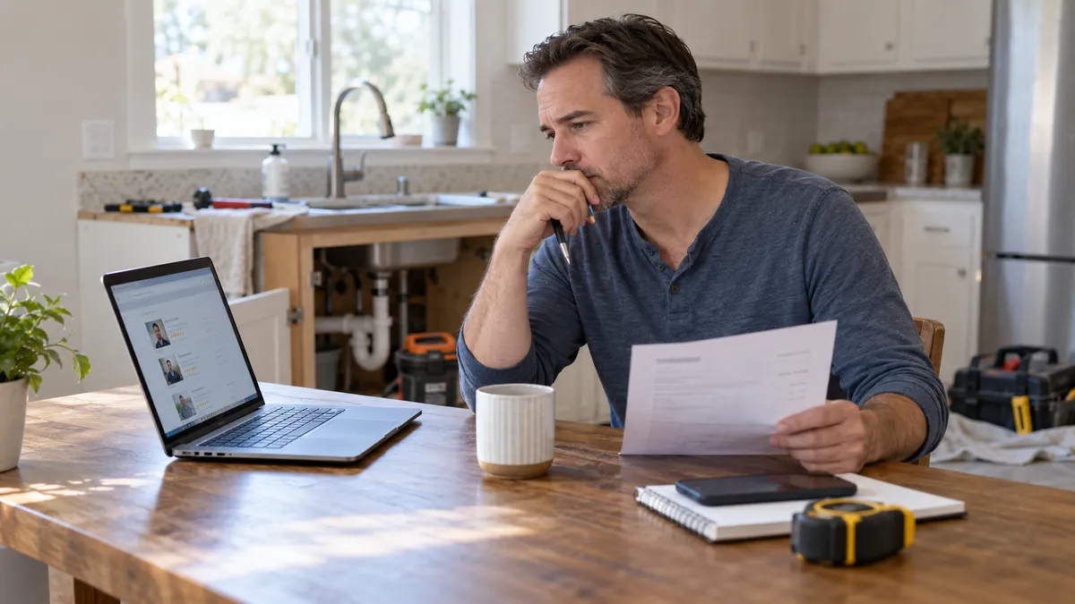 A homeowner checking a contractor license list on a laptop while a tradesperson reviews a simple repair scope nearby.