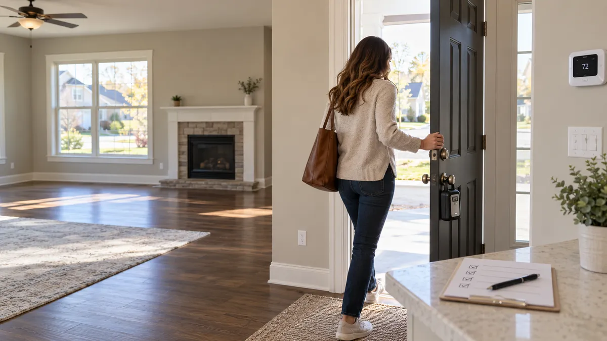 An empty but maintained Sioux Falls home with a thermostat, property-check clipboard, and secured front door.