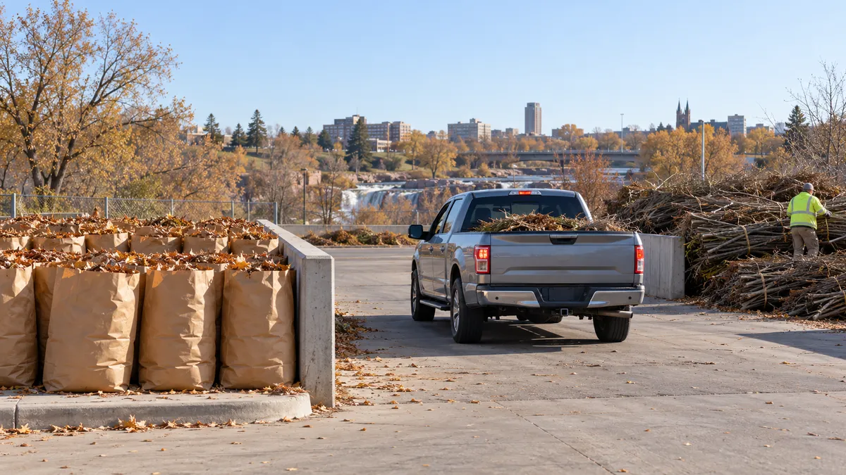 A Sioux Falls resident unloading separate paper bags of leaves and bundled branches at a clearly organized seasonal drop site.