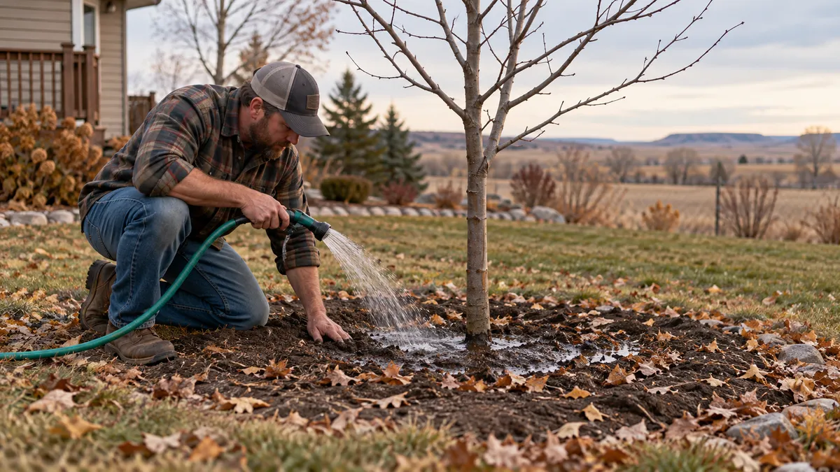 A homeowner slowly watering the root zone of a young tree on a dry South Dakota fall afternoon before the ground freezes.