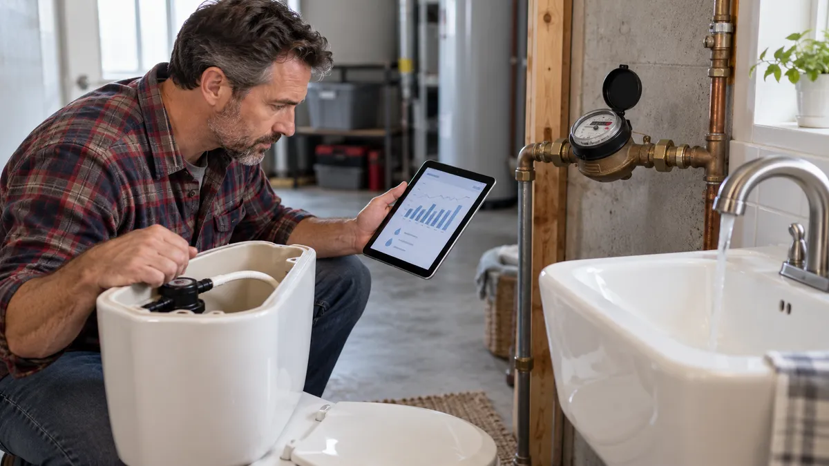 A Sioux Falls homeowner comparing winter water-usage history on a utility account beside a household water meter, with all account information unreadable.