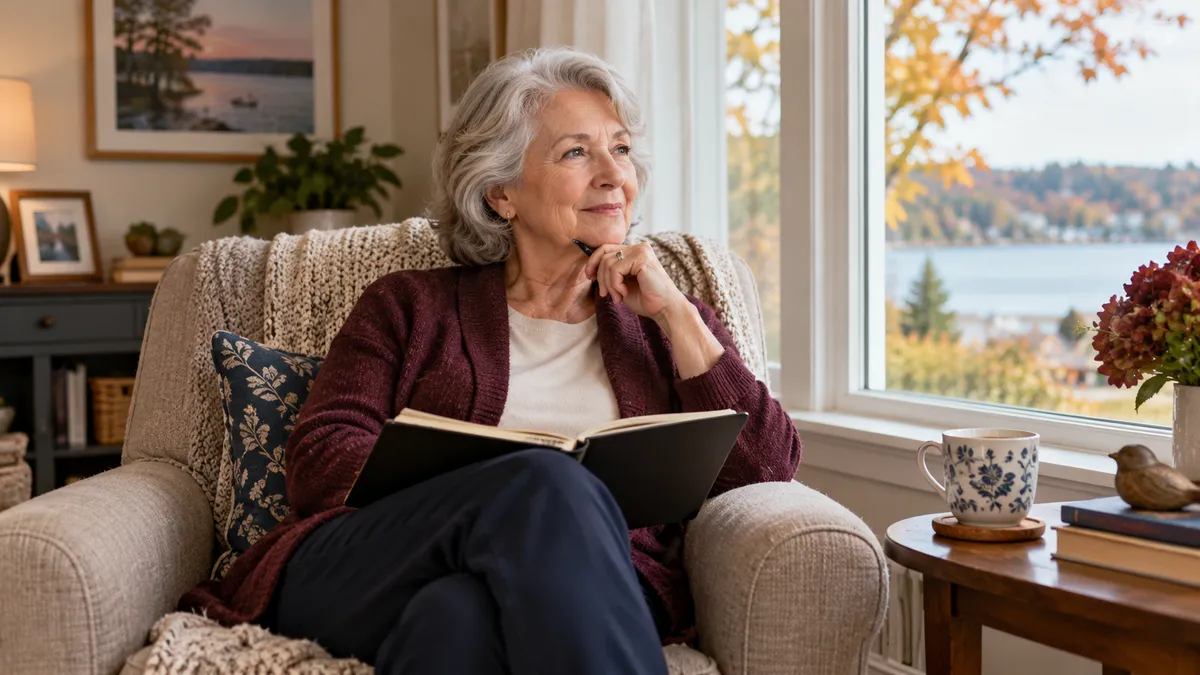 Older woman considering retirement plans with a notebook by a living room window