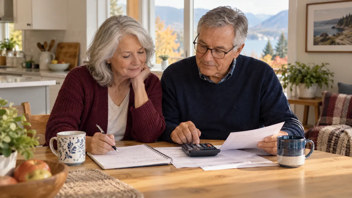 Older couple reviewing a household budget at their kitchen table