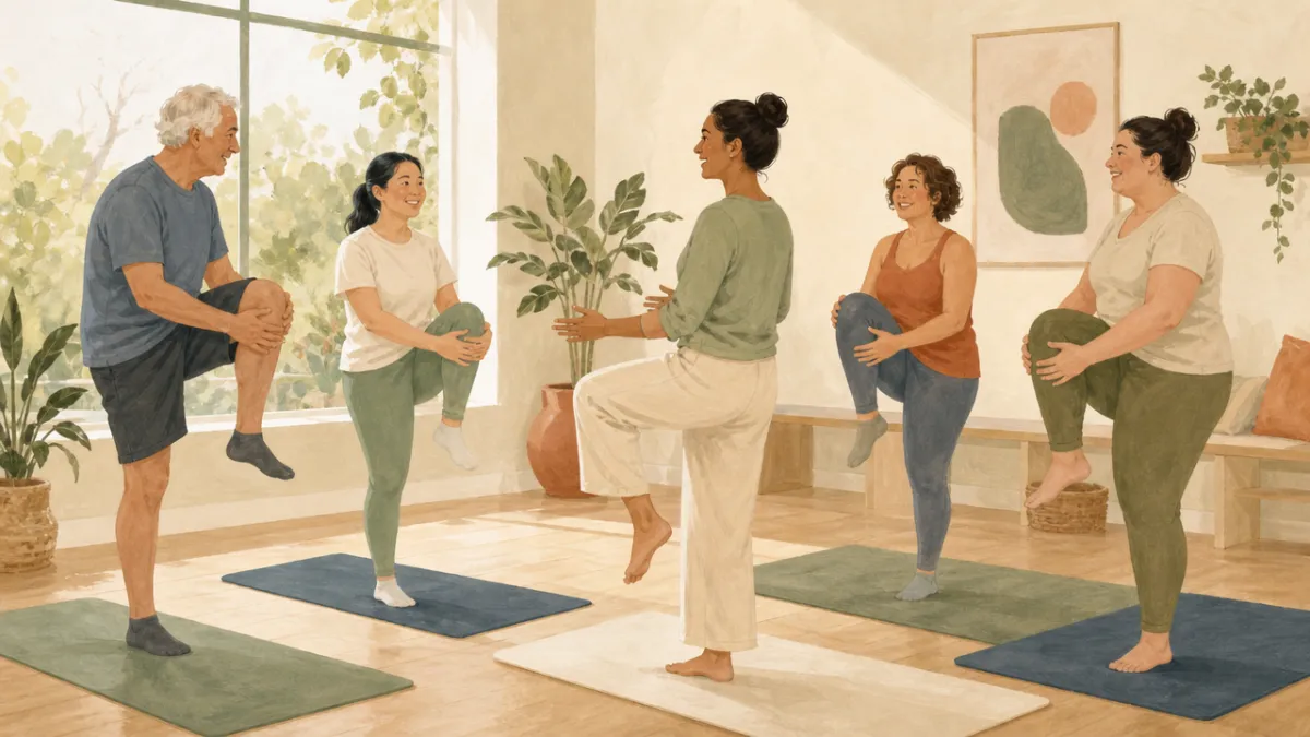 Illustration of an instructor leading a small mixed-age group through a mobility session in a bright community room